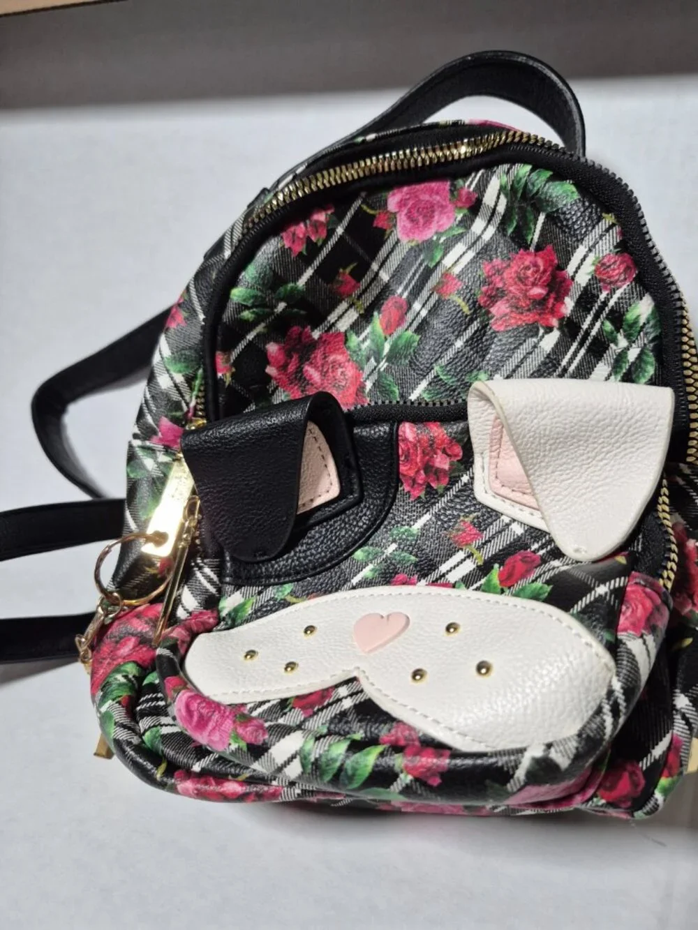 Betsey Johnson Cat Face Mini Backpack Floral Plaid Rose Kitsch Bag